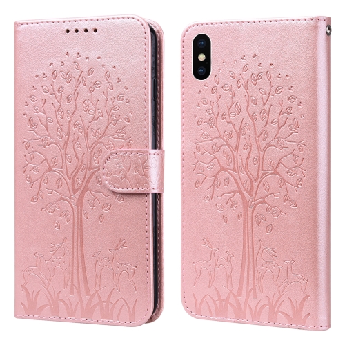 

Tree & Deer Pattern Pressed Printing Horizontal Flip Leather Phone Case For iPhone X / XS(Pink)