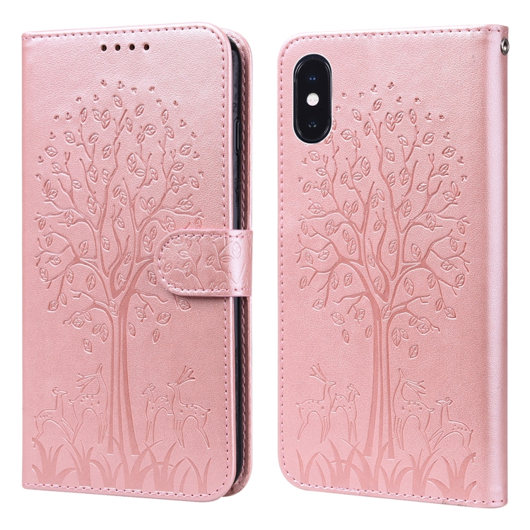 

Tree & Deer Pattern Pressed Printing Horizontal Flip Leather Phone Case For iPhone XR(Pink)