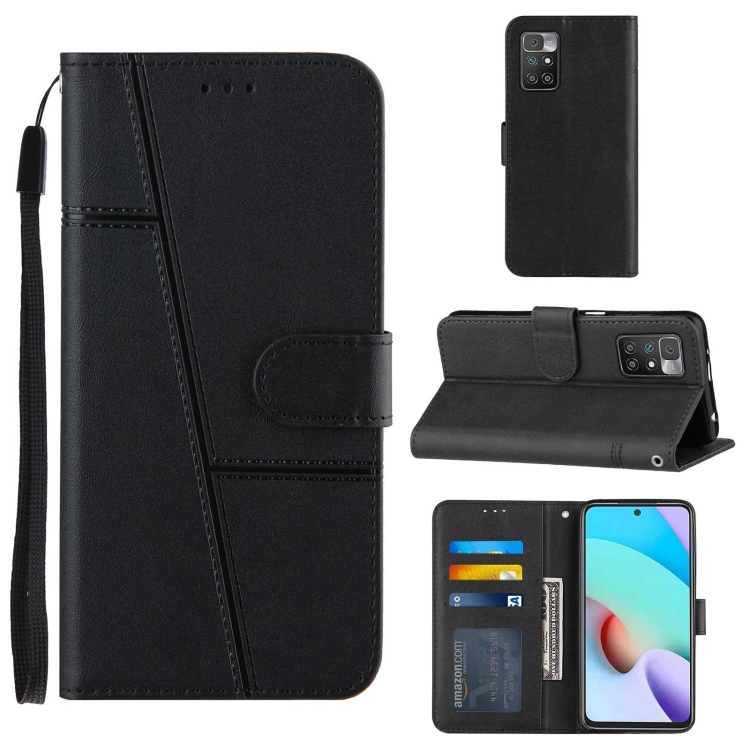

For Xiaomi Redmi 10 Stitching Calf Texture Buckle Leather Phone Case(Black)