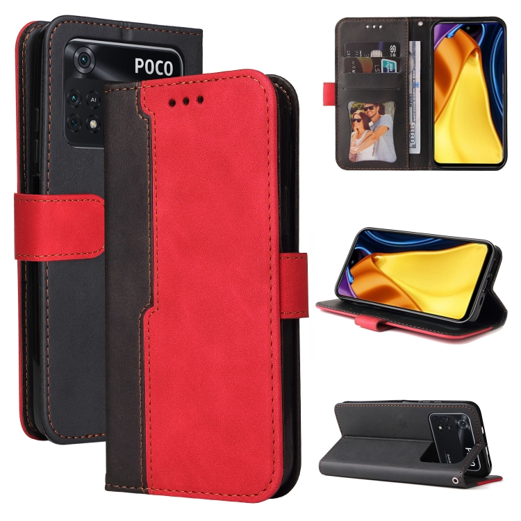 

For Xiaomi Poco M4 Pro 4G Stitching-Color PU Leather Phone Case(Red)