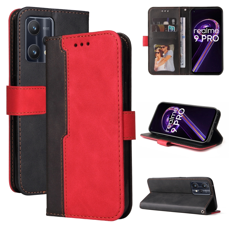 

For OPPO Realme 9 Pro / V25 Stitching-Color PU Leather Phone Case(Red)