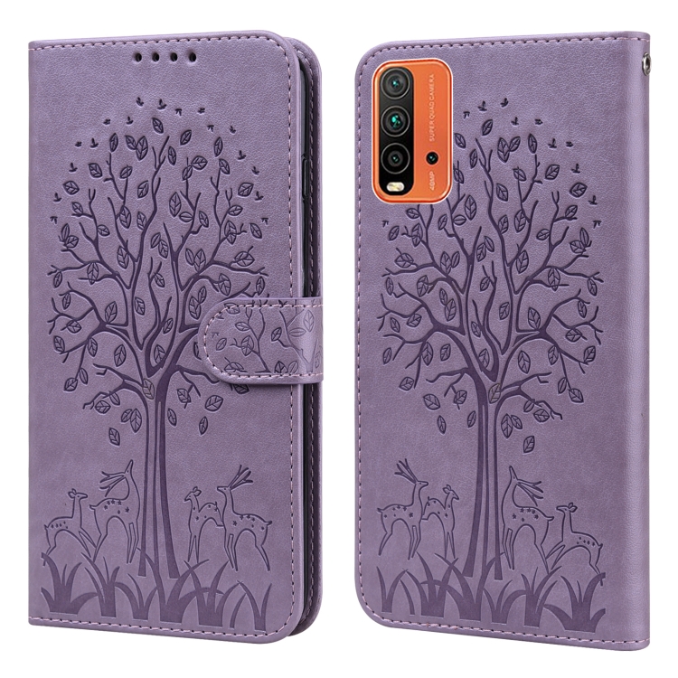 

For Xiaomi Redmi 9T / 9 Power Tree & Deer Pattern Pressed Flip Leather Phone Case(Purple)