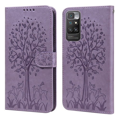 

For Xiaomi Redmi 10 Tree & Deer Pattern Pressed Flip Leather Phone Case(Purple)