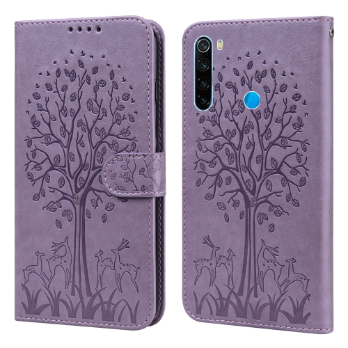 

For Xiaomi Redmi Note 8 2021 / Note 8 Tree & Deer Pattern Pressed Flip Leather Phone Case(Purple)