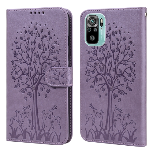 

For Xiaomi Redmi Note 10 / Note 10S Tree & Deer Pattern Pressed Flip Leather Phone Case(Purple)