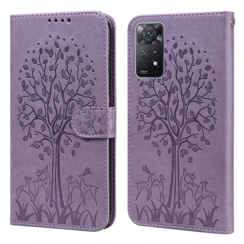 

For Xiaomi Redmi Note 11 4G Tree & Deer Pattern Pressed Flip Leather Phone Case(Purple)