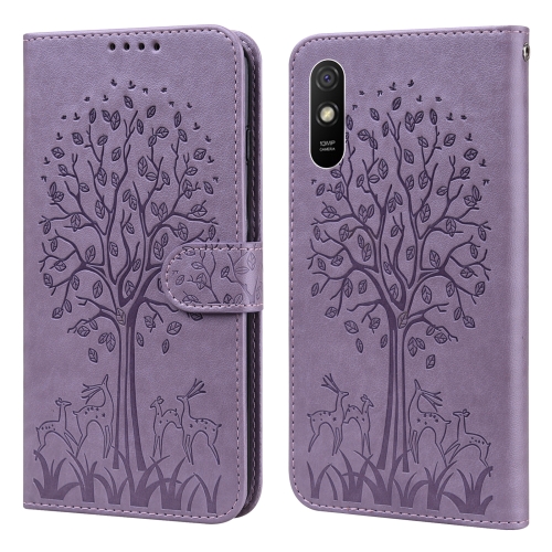 

For Xiaomi Redmi 9A Tree & Deer Pattern Pressed Flip Leather Phone Case(Purple)