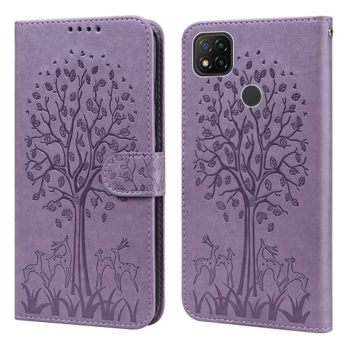 

For Xiaomi Poco C3 / Redmi 9C Tree & Deer Pattern Pressed Flip Leather Phone Case(Purple)