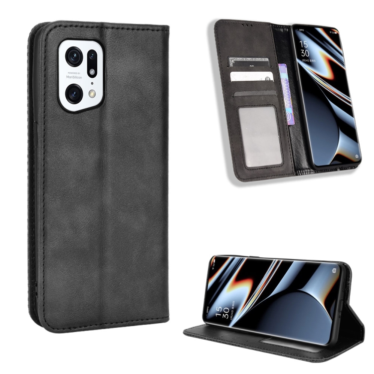 

For OPPO Find X5 Pro Magnetic Buckle Retro Texture Leather Phone Case(Black)