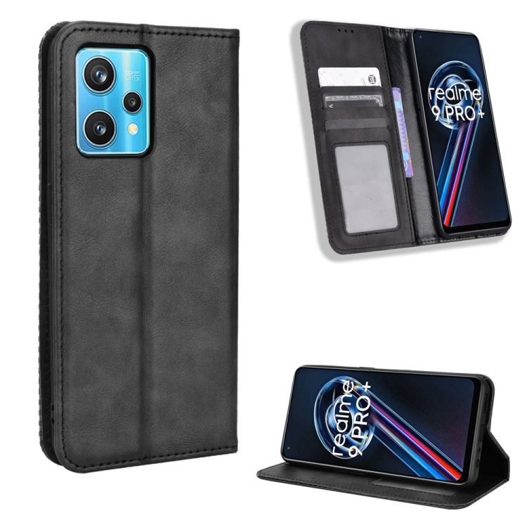 

For OPPO Realme 9 Pro Magnetic Buckle Retro Texture Leather Phone Case(Black)