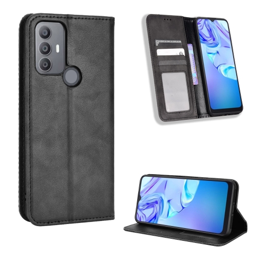 

For TCL 30 SE / 30 E / 306 / Sharp Aquos V6 Magnetic Buckle Retro Texture Leather Phone Case(Black)