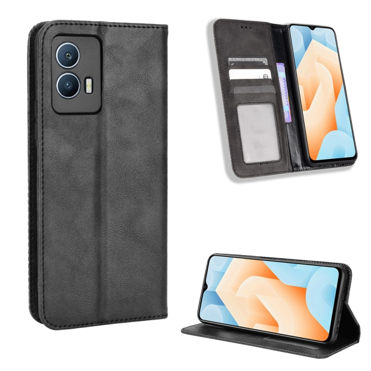 

For vivo iQOO U5 5G Magnetic Buckle Retro Texture Leather Phone Case(Black)