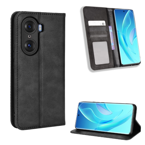 

For Honor 60 Magnetic Buckle Retro Texture Leather Phone Case(Black)