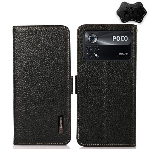 

For Xiaomi Poco X4 Pro 5G KHAZNEH Side-Magnetic Litchi Genuine Leather RFID Phone Case(Black)