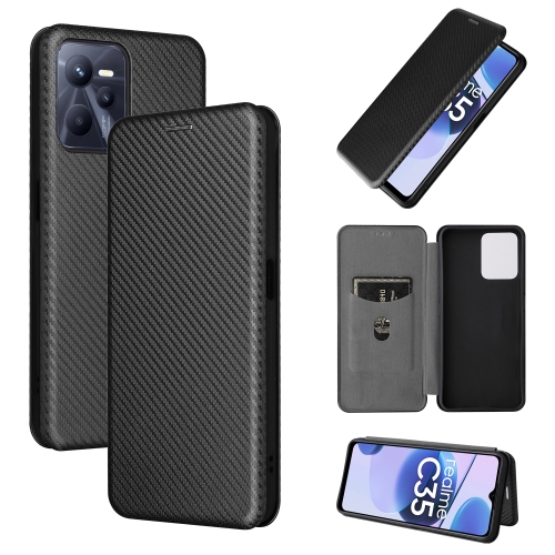 

For OPPO Realme C35 Carbon Fiber Texture Magnetic Flip Leather Phone Case(Black)