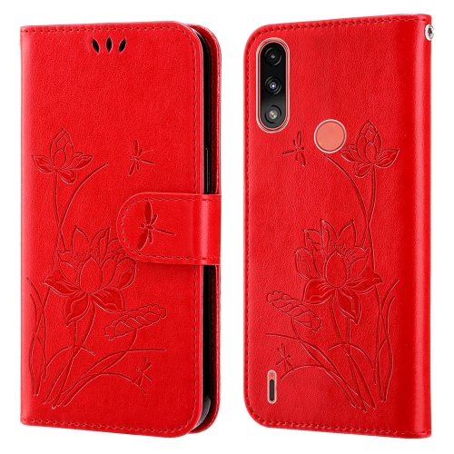 

For Motorola Moto E7i Power / E7 Power Lotus Embossed Leather Phone Case(Red)