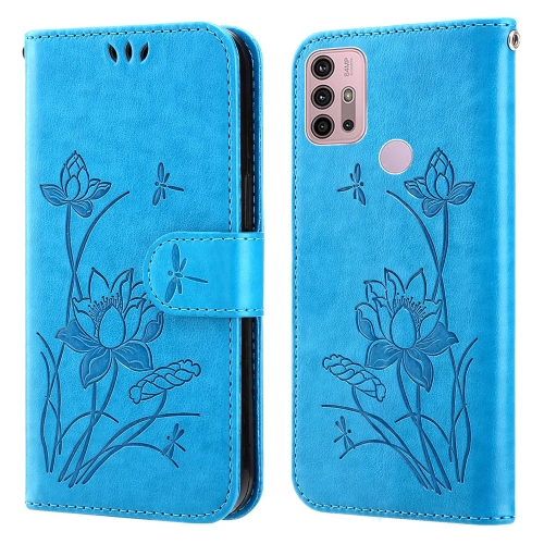 

For Motorola Moto G30 / G10 / G20 Lotus Embossed Leather Phone Case(Blue)