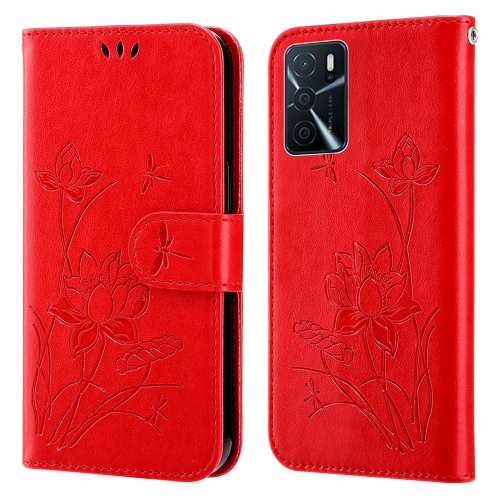 

For OPPO A16 Lotus Embossed Leather Phone Case(Red)