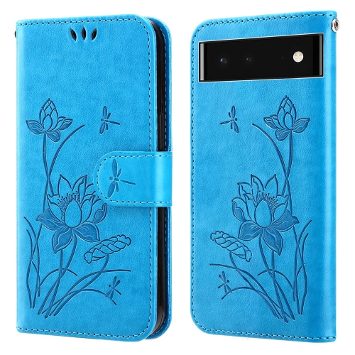 

For Google Pixel 6 Lotus Embossed Leather Phone Case(Blue)