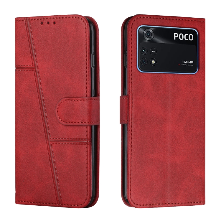 

For Xiaomi Poco M4 Pro 4G Stitching Calf Texture Buckle Leather Phone Case(Red)