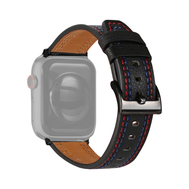 

Three-line Leather Watchband For Apple Watch Series 7 41mm / 6&SE&5&4 40mm / 3&2&1 38mm(Black)