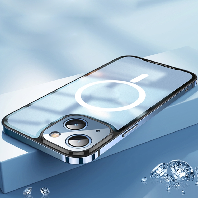 

For iPhone 13 AG Frosted PC Backplane + Stainless Steel Frame MagSafe Phone Case(Yuanfeng Blue)