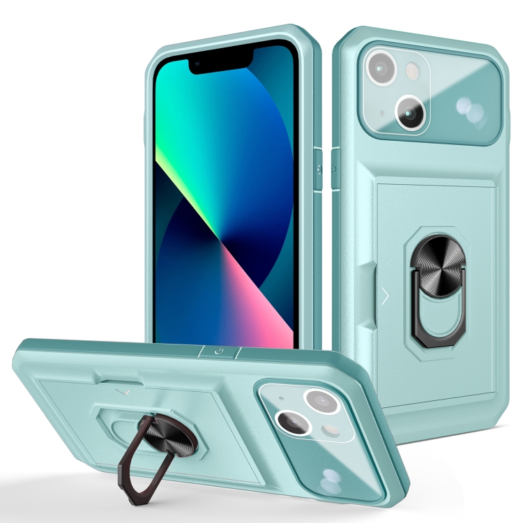 

Card Ring Holder PC + TPU Phone Case For iPhone 13(Light Green)
