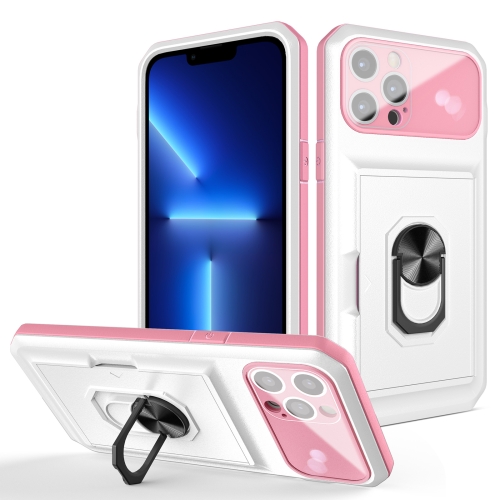 

For iPhone 13 Pro Card Ring Holder PC + TPU Phone Case (White+Pink)