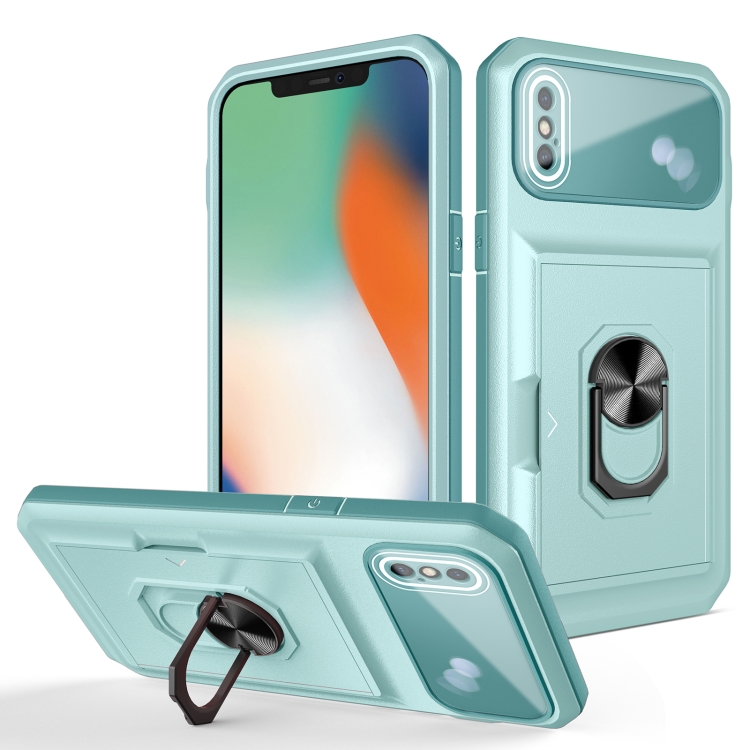 

Card Ring Holder PC + TPU Phone Case For iPhone X / XS(Light Green)