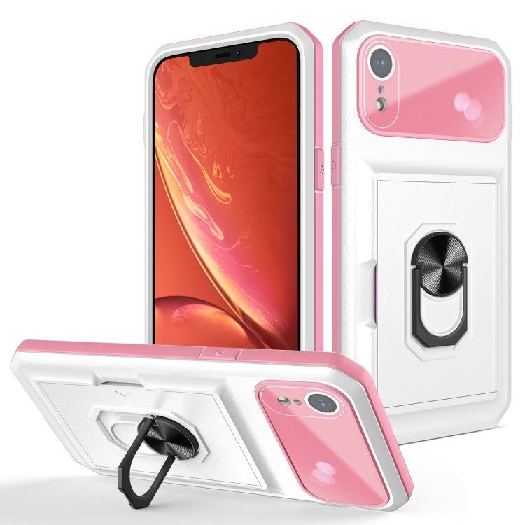 

Card Ring Holder PC + TPU Phone Case For iPhone XR(White+Pink)