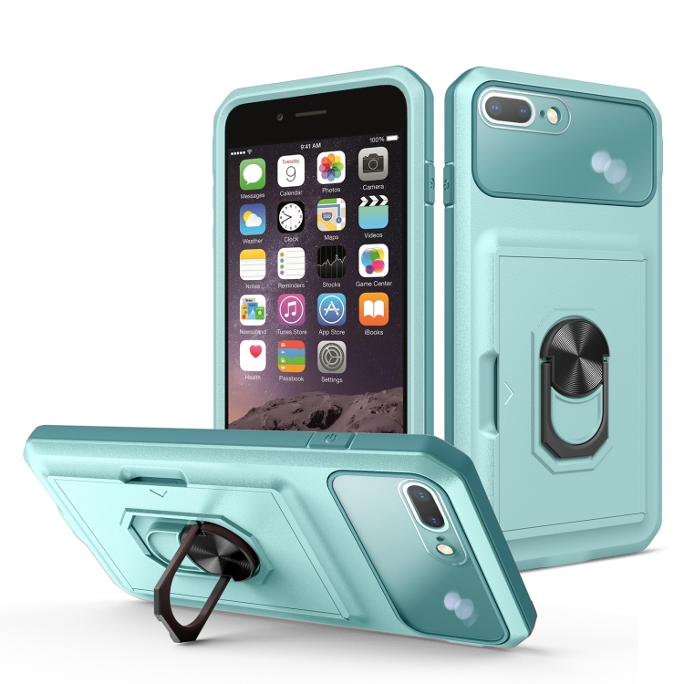 

Card Ring Holder PC + TPU Phone Case For iPhone 8 Plus / 7 Plus(Light Green)