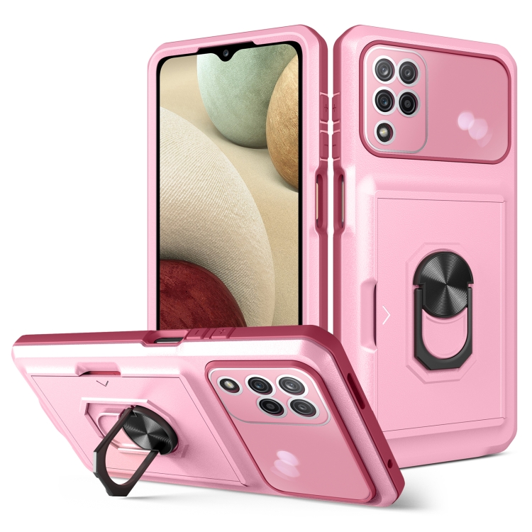 

For Samsung Galaxy A12 5G Card Ring Holder PC + TPU Phone Case(Pink+Wine Red)
