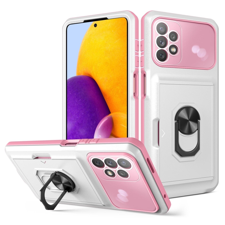 

For Samsung Galaxy A52 4G / 5G Card Ring Holder PC + TPU Phone Case(White+Pink)