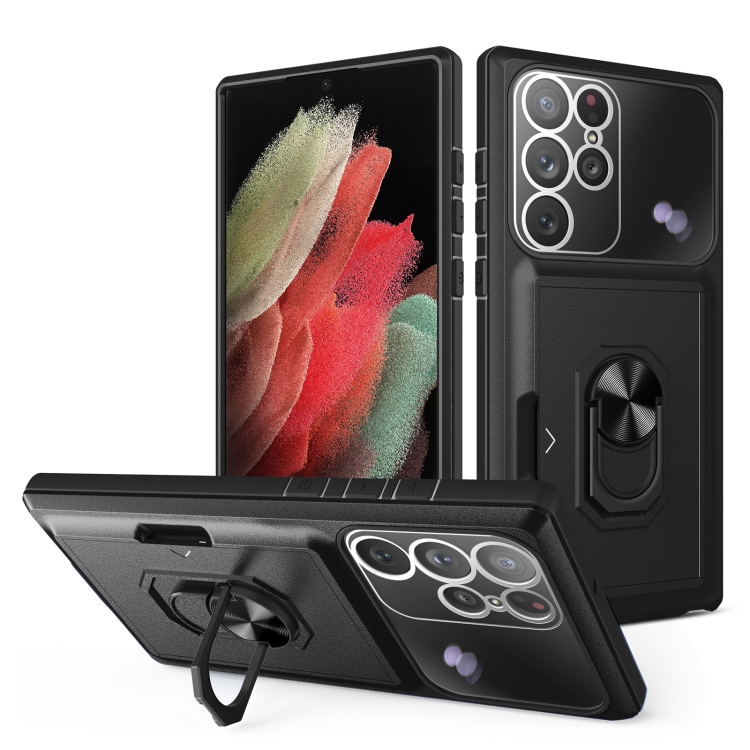 

For Samsung Galaxy S22 Ultra 5G Card Ring Holder PC + TPU Phone Case(Black)