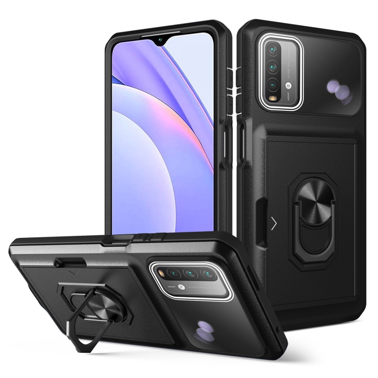 

For Xiaomi Redmi Note 9 4G Card Ring Holder PC + TPU Phone Case(Black)
