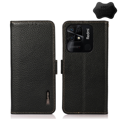 

For Xiaomi Redmi 10C KHAZNEH Side-Magnetic Litchi Genuine Leather RFID Phone Case(Black)