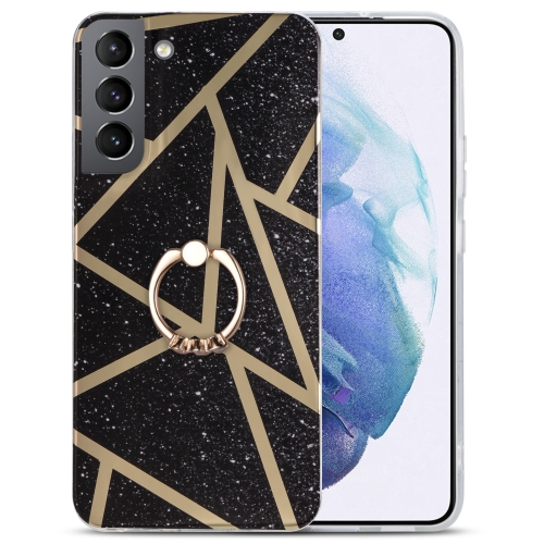 

For Samsung Galaxy A02s EU Version Electroplating IMD Marble TPU Phone Case with Ring(Black)