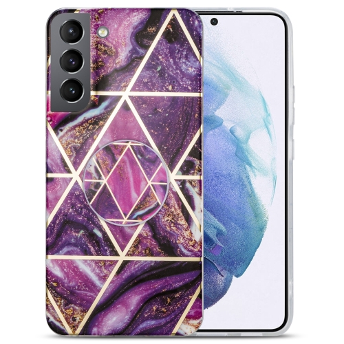 

For Samsung Galaxy S21 FE 5G IMD Marble TPU Phone Case with Folding Holder(Purple)