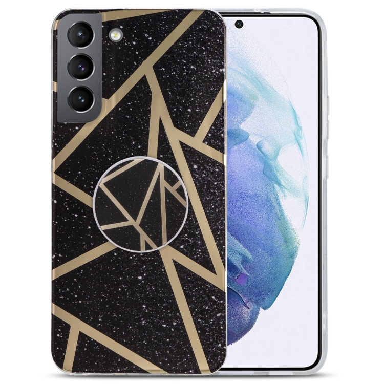

For Samsung Galaxy S21 FE 5G IMD Marble TPU Phone Case with Holder(Black)