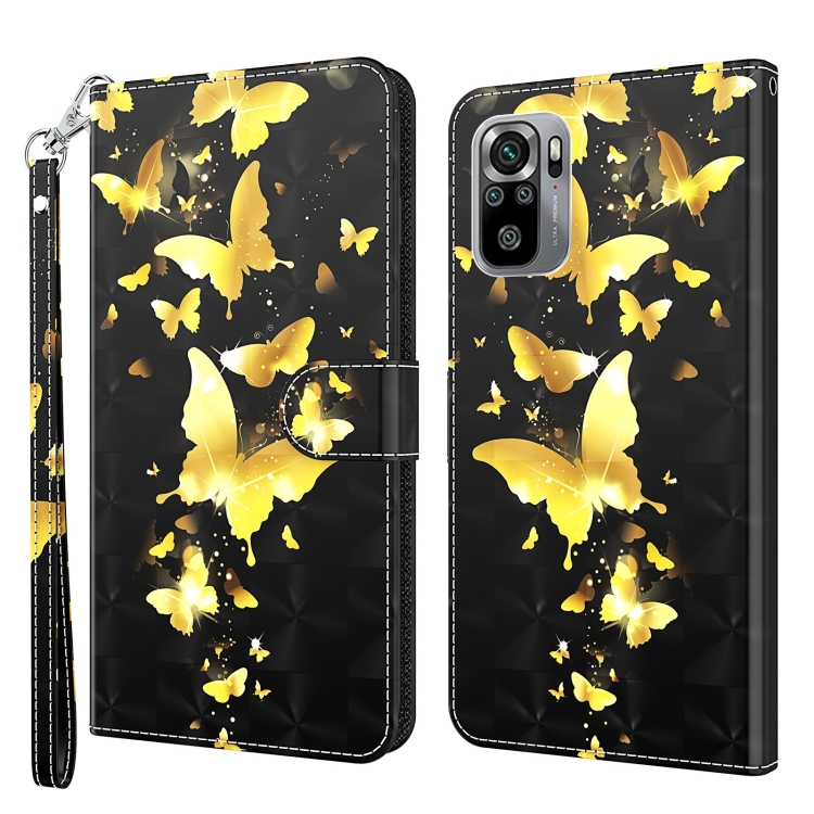 

For Xiaomi Redmi Note 10 / 10S 3D Painting Pattern TPU + PU Leather Phone Case(Gold Butterfly)