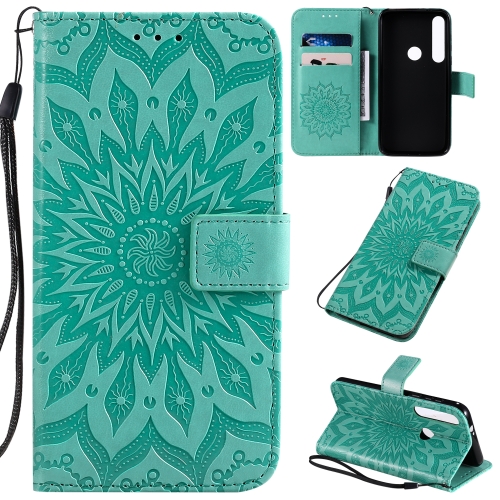 

For Motorola MOTO G8 Plus Pressed Printing Sunflower Pattern Horizontal Flip PU Leather Case with Holder & Card Slots & Wallet & Lanyard(Green)