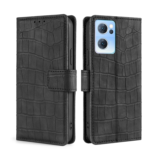 

For OPPO Reno7 5G Skin Feel Crocodile Texture Magnetic Clasp PU Leather Phone Case(Black)