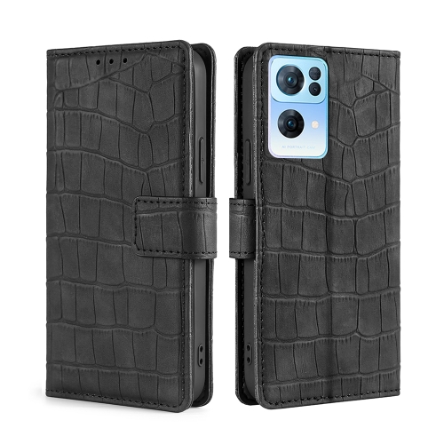 

For OPPO Reno7 Pro 5G Skin Feel Crocodile Texture Magnetic Clasp PU Leather Phone Case(Black)
