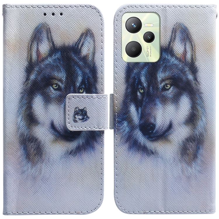 

For OPPO Realme C35 Coloured Drawing Leather Phone Case(White Wolf)