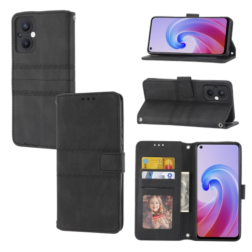 

For OPPO A96 5G Embossed Striped Magnetic Buckle Horizontal Flip Phone Leather Case(Black)