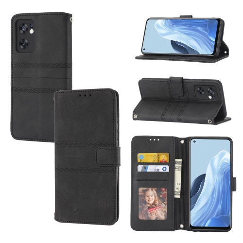 

For OPPO Reno7 5G Embossed Striped Magnetic Buckle Horizontal Flip Phone Leather Case(Black)