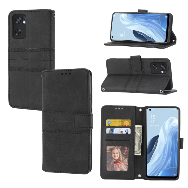 

For OPPO Reno7 SE 5G Embossed Striped Magnetic Buckle Horizontal Flip Phone Leather Case(Black)