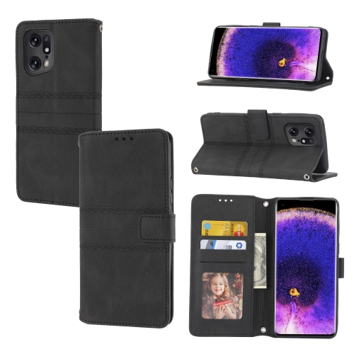 

For OPPO Find X5 Embossed Striped Magnetic Buckle Horizontal Flip Phone Leather Case(Black)