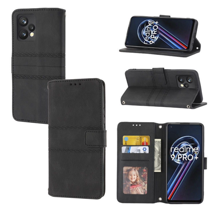 

For OPPO Realme 9 Pro+ Embossed Striped Magnetic Buckle Horizontal Flip Phone Leather Case(Black)