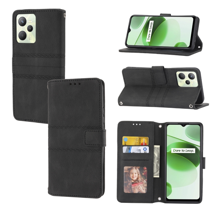 

For OPPO Realme 9 Pro Embossed Striped Magnetic Buckle Horizontal Flip Phone Leather Case(Black)
